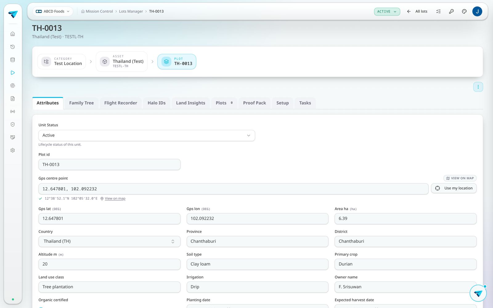 Lot detail page showing lineage, attributes and attached evidence