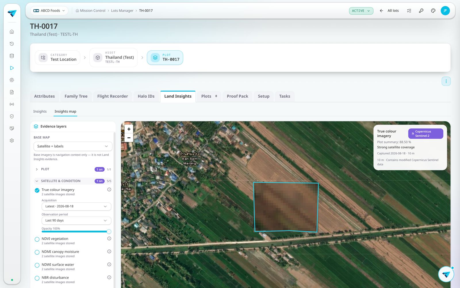 Map layer selector showing available satellite and risk layers